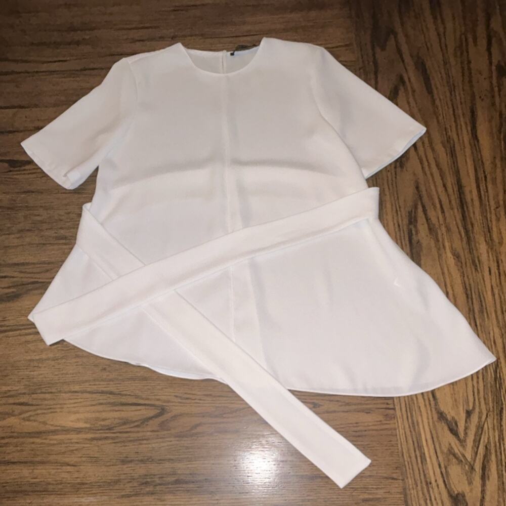 Zara White Belted Short Sleeve Crew Neck Women's Blouse Size M